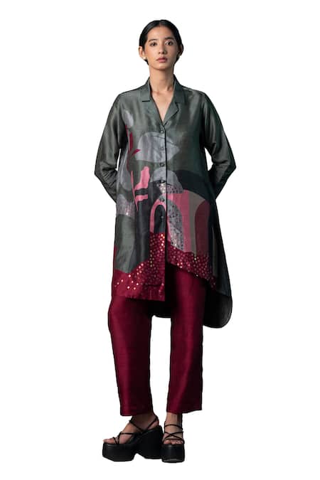 Buy_Clos_Grey Silk Sequins Collared Abstract Print Kurta With Pant 