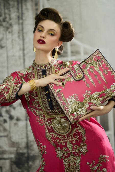 Shop_Rajdeep Ranawat_Fuchsia Silk, Modal Gloria Garden Print Layered Flared Pant 