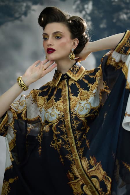 Shop_Rajdeep Ranawat_Black Modal, Satin Permaz Floral Butta Print Flared Pant 