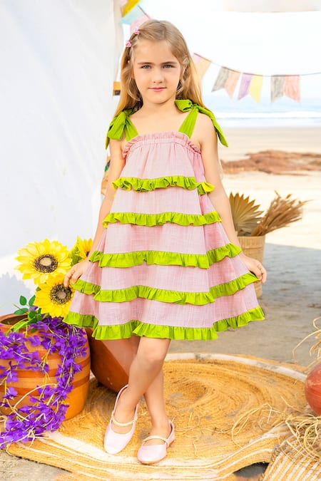 Shop_JILMIL DREAMWEAR_Pink Cotton Contrast Ruffled Dress _at_Aza_Fashions