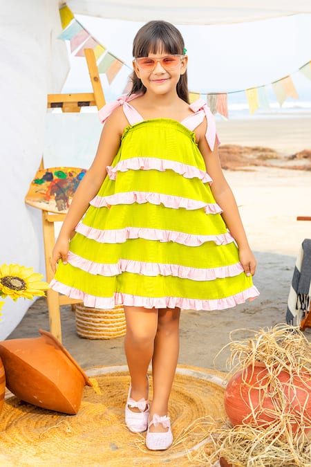 Shop_JILMIL DREAMWEAR_Green Cotton Contrast Ruffled Flared Dress _at_Aza_Fashions