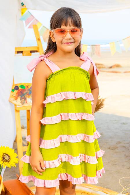 JILMIL DREAMWEAR_Green Cotton Contrast Ruffled Flared Dress _Online_at_Aza_Fashions