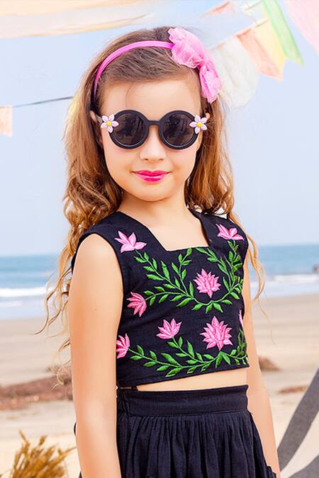 Buy JILMIL DREAMWEAR Black Cotton Embroidery Lotus Top And Skirt Set Online at Aza Fashions Buy_JILMIL DREAMWEAR_Black Cotton Embroidery Lotus Top And Skirt Set _Online_at_Aza_Fashions