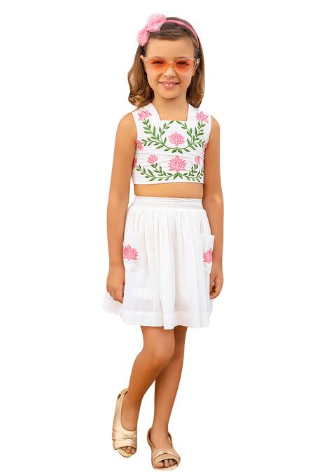 JILMIL DREAMWEAR White Cotton Embroidery Lotus Crop Top And Skirt Set Online at Aza Fashions JILMIL DREAMWEAR_White Cotton Embroidery Lotus Crop Top And Skirt Set _Online_at_Aza_Fashions
