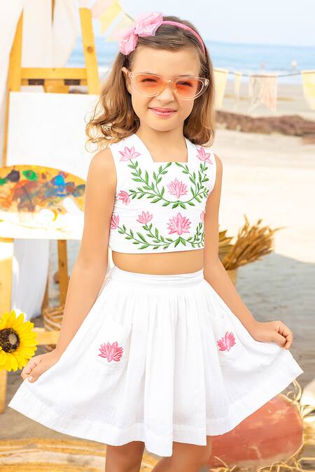 Shop JILMIL DREAMWEAR White Cotton Embroidery Lotus Crop Top And Skirt Set Online at Aza Fashions Shop_JILMIL DREAMWEAR_White Cotton Embroidery Lotus Crop Top And Skirt Set _Online_at_Aza_Fashions