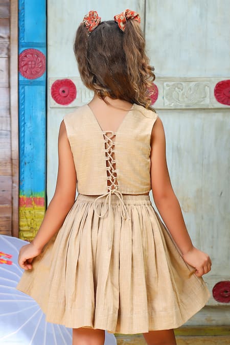 Shop JILMIL DREAMWEAR Beige Cotton Embroidery Lotus Top And Flared Skirt Set at Aza Fashions Shop_JILMIL DREAMWEAR_Beige Cotton Embroidery Lotus Top And Flared Skirt Set _at_Aza_Fashions