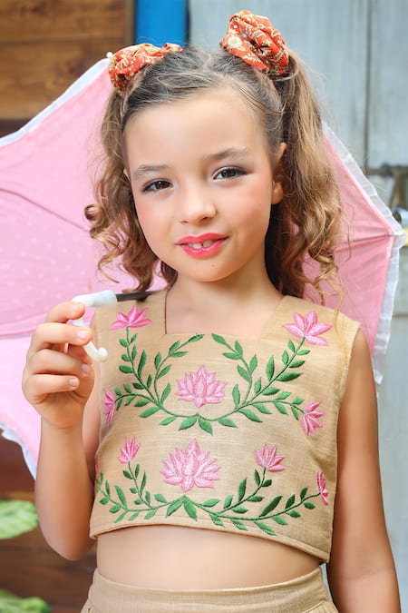 JILMIL DREAMWEAR Beige Cotton Embroidery Lotus Top And Flared Skirt Set Online at Aza Fashions JILMIL DREAMWEAR_Beige Cotton Embroidery Lotus Top And Flared Skirt Set _Online_at_Aza_Fashions