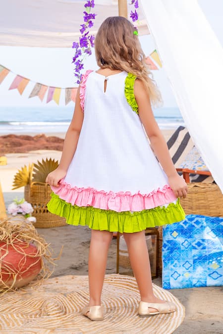 Shop JILMIL DREAMWEAR White Cotton Color Block Frilled Dress at Aza Fashions Shop_JILMIL DREAMWEAR_White Cotton Color Block Frilled Dress _at_Aza_Fashions