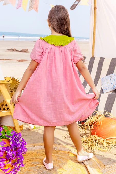 Shop JILMIL DREAMWEAR Pink Cotton Peter Pan Frill Collared Shirt Dress at Aza Fashions Shop_JILMIL DREAMWEAR_Pink Cotton Peter Pan Frill Collared Shirt Dress _at_Aza_Fashions