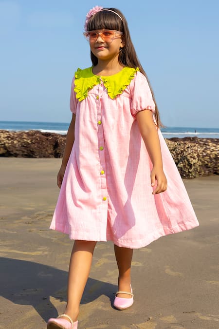 JILMIL DREAMWEAR Pink Cotton Peter Pan Frill Collared Shirt Dress Online at Aza Fashions JILMIL DREAMWEAR_Pink Cotton Peter Pan Frill Collared Shirt Dress _Online_at_Aza_Fashions