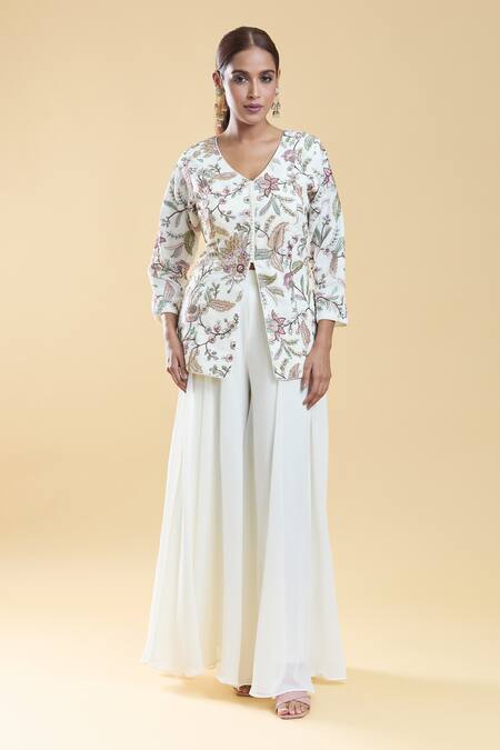 Buy_Khwaab By Sanjana Lakhani_Cream Georgette, Lining Crepe Gardenia Embroidered Short Kurta Palazzo Set_Online_at_Aza_Fashions