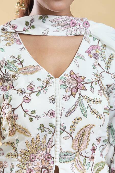 Khwaab By Sanjana Lakhani_Cream Georgette, Lining Crepe Gardenia Embroidered Short Kurta Palazzo Set_at_Aza_Fashions