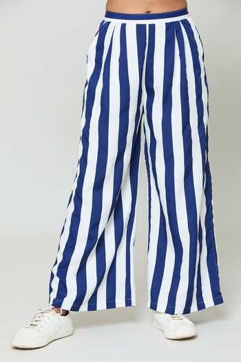 Buy Samyukta Singhania Blue Crepe Collared Stripe Print Cropped Shirt With Trouser Buy_Samyukta Singhania_Blue Crepe Collared Stripe Print Cropped Shirt With Trouser
