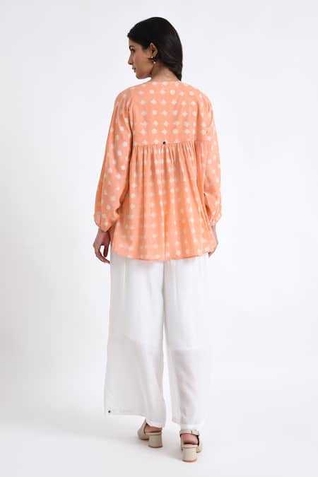 Shop_JAYATI GOENKA_Pink Cotton Round Neck Block Print Flared Yoke Top With Pant _at_Aza_Fashions