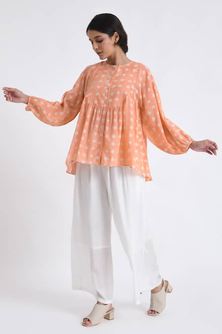 JAYATI GOENKA_Pink Cotton Round Neck Block Print Flared Yoke Top With Pant _Online_at_Aza_Fashions