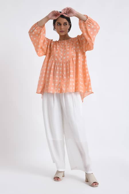 Buy_JAYATI GOENKA_Pink Cotton Round Neck Block Print Flared Yoke Top With Pant _Online_at_Aza_Fashions