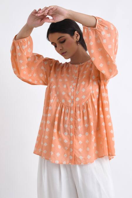 Shop_JAYATI GOENKA_Pink Cotton Round Neck Block Print Flared Yoke Top With Pant _Online_at_Aza_Fashions