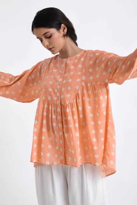 JAYATI GOENKA_Pink Cotton Round Neck Block Print Flared Yoke Top With Pant _at_Aza_Fashions