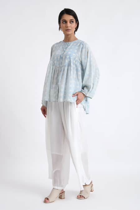 Jayati Goenka Blue Cotton Print Block Round Button Down Top With Pant 