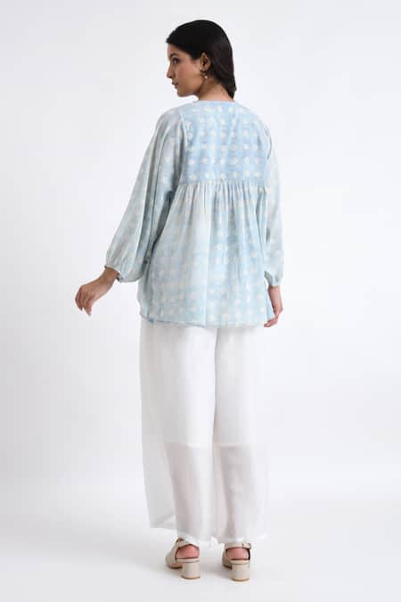 Shop_JAYATI GOENKA_Blue Cotton Round Neck Block Print Button Down Top With Pant _at_Aza_Fashions