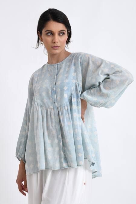 Buy_JAYATI GOENKA_Blue Cotton Round Neck Block Print Button Down Top With Pant _Online_at_Aza_Fashions