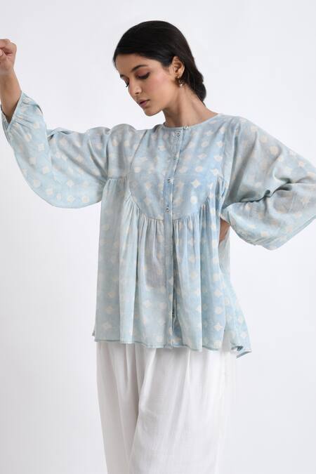 Shop_JAYATI GOENKA_Blue Cotton Round Neck Block Print Button Down Top With Pant _Online_at_Aza_Fashions