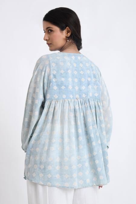 JAYATI GOENKA_Blue Cotton Round Neck Block Print Button Down Top With Pant _at_Aza_Fashions