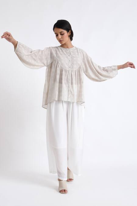 JAYATI GOENKA_Grey Cotton Embroidery Round Neck High-low Gathered Yoke Top With Pant _Online_at_Aza_Fashions