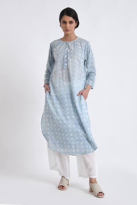Shop_JAYATI GOENKA_Blue Cotton Round Neck Block Print Long Kurta With Pant _Online_at_Aza_Fashions