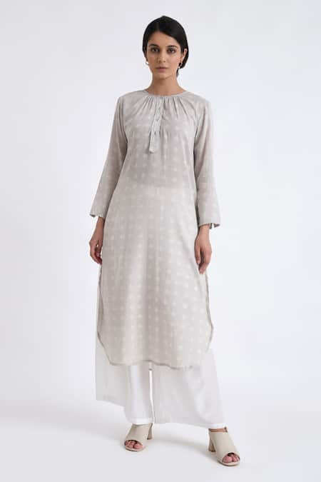 Jayati Goenka Grey Cotton Print Block Round High-low Kurta With Pant 