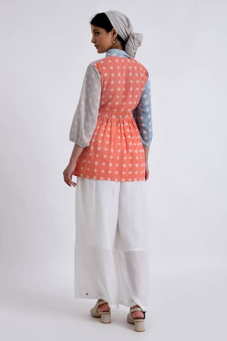 Shop_JAYATI GOENKA_Multi Color Cotton Embroidery Mandarin Collar Block Print Wrap Top With Pant _at_Aza_Fashions