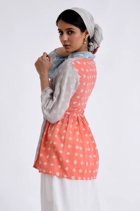 JAYATI GOENKA_Multi Color Cotton Embroidery Mandarin Collar Block Print Wrap Top With Pant _Online_at_Aza_Fashions