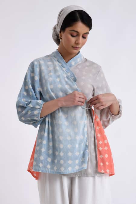 Buy_JAYATI GOENKA_Multi Color Cotton Embroidery Mandarin Collar Block Print Wrap Top With Pant _Online_at_Aza_Fashions