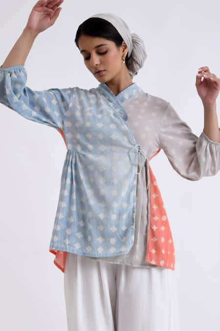Shop_JAYATI GOENKA_Multi Color Cotton Embroidery Mandarin Collar Block Print Wrap Top With Pant _Online_at_Aza_Fashions