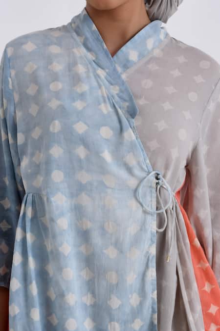 JAYATI GOENKA_Multi Color Cotton Embroidery Mandarin Collar Block Print Wrap Top With Pant _at_Aza_Fashions