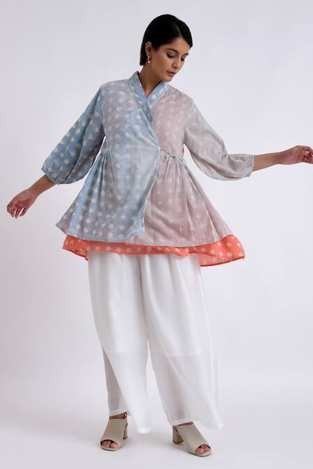 JAYATI GOENKA_Multi Color Cotton Embroidery Mandarin Block Print Peplum Wrap Top With Pant _Online_at_Aza_Fashions