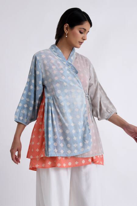 Shop_JAYATI GOENKA_Multi Color Cotton Embroidery Mandarin Block Print Peplum Wrap Top With Pant _Online_at_Aza_Fashions