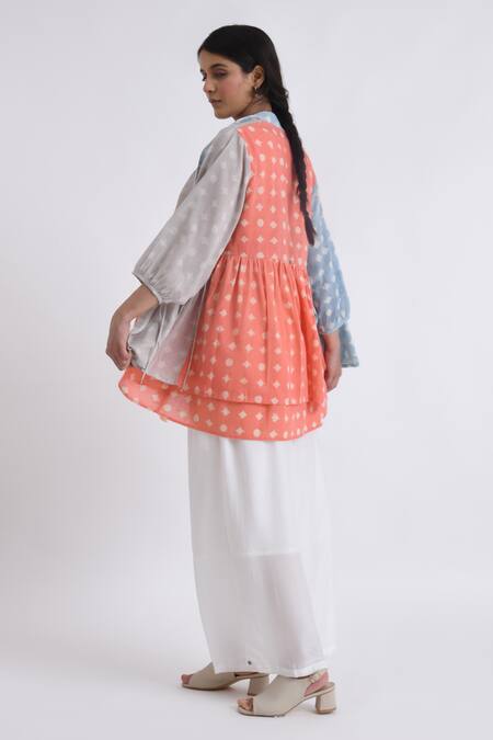 Shop_JAYATI GOENKA_Multi Color Cotton Embroidery Mandarin Block Print Peplum Wrap Top With Pant 