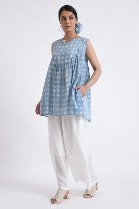 Shop_JAYATI GOENKA_Blue Cotton Sleeveless Yoke Print Top With Pant _Online_at_Aza_Fashions