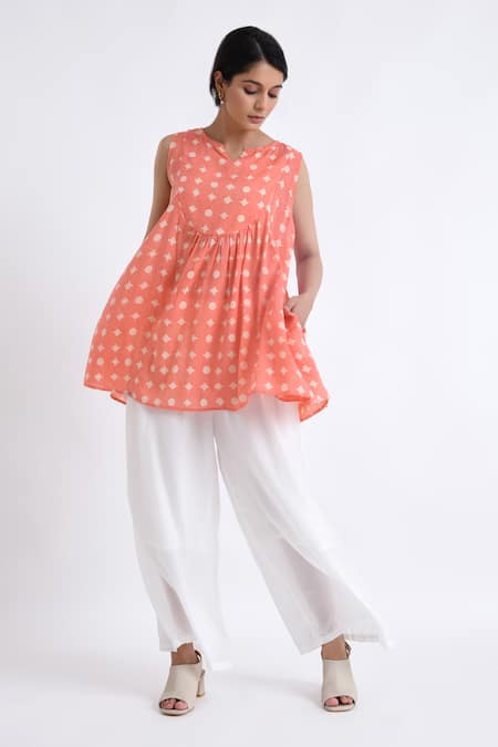 Buy_JAYATI GOENKA_Pink Cotton Embroidery Open Neck Gathered Yoke Print Top With Pant _Online_at_Aza_Fashions