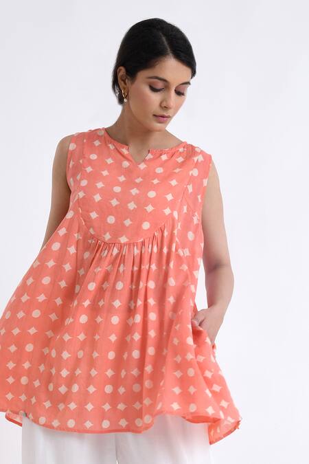 Shop_JAYATI GOENKA_Pink Cotton Embroidery Open Neck Gathered Yoke Print Top With Pant _Online_at_Aza_Fashions