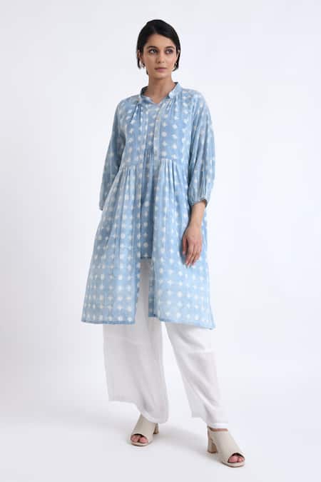 JAYATI GOENKA_Blue Cotton Embroidery Mandarin Collar Block Print Flared Long Robe And Pant Set _Online_at_Aza_Fashions
