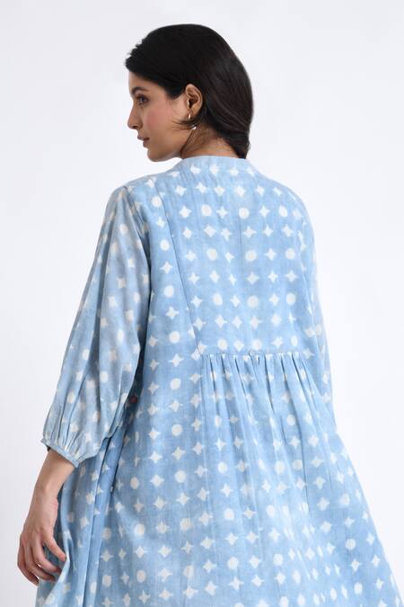 Shop_JAYATI GOENKA_Blue Cotton Embroidery Mandarin Collar Block Print Flared Long Robe And Pant Set _Online_at_Aza_Fashions