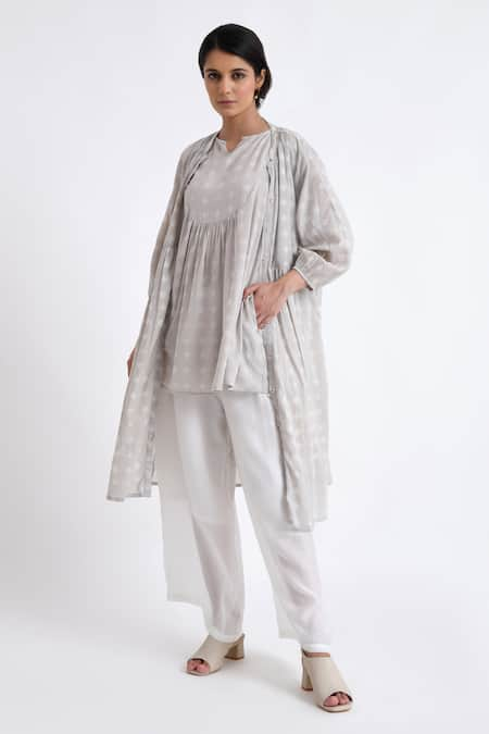 Jayati Goenka Grey Cotton Print Block Robe Mandarin Collar Flared Long And Sleeveless Top Set 