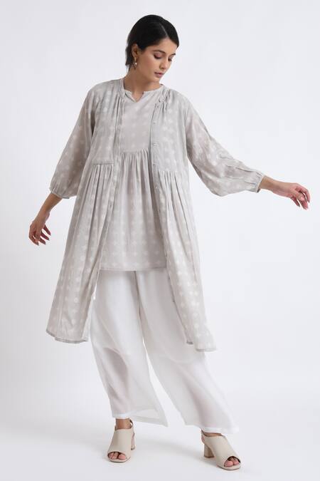 JAYATI GOENKA_Grey Cotton Embroidery Block Print Flared Long Robe And Sleeveless Top Set _Online_at_Aza_Fashions