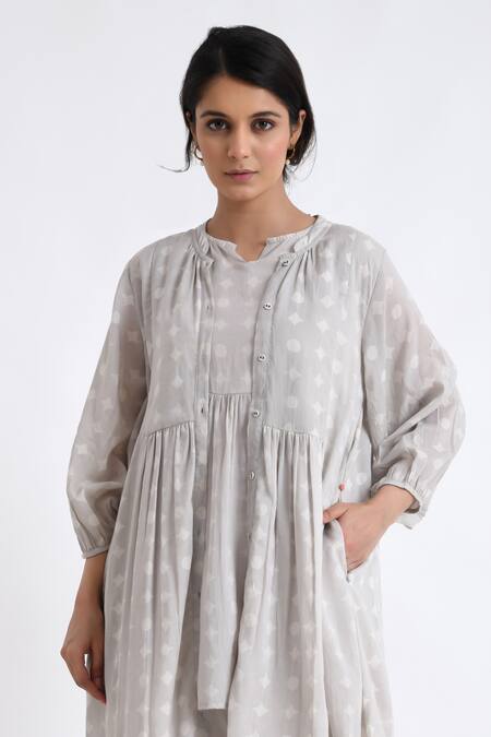 Shop_JAYATI GOENKA_Grey Cotton Embroidery Block Print Flared Long Robe And Sleeveless Top Set _Online_at_Aza_Fashions