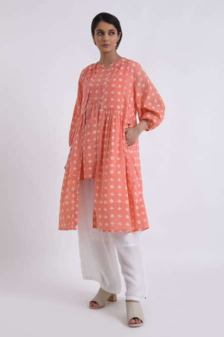 JAYATI GOENKA_Pink Cotton Embroidery Split V-neck, Mandarin Block Print Robe And Pant Set _Online_at_Aza_Fashions