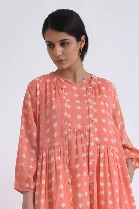 Shop JAYATI GOENKA Pink Cotton Embroidery Split V-neck, Mandarin Block Print Robe And Pant Set Online at Aza Fashions Shop_JAYATI GOENKA_Pink Cotton Embroidery Split V-neck, Mandarin Block Print Robe And Pant Set _Online_at_Aza_Fashions