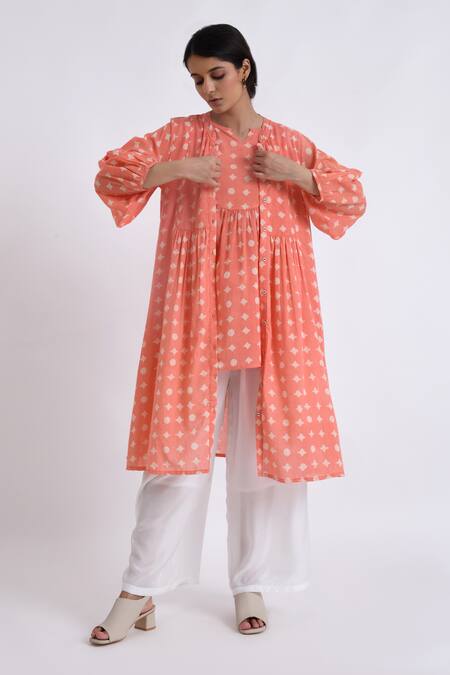 Buy_JAYATI GOENKA_Pink Cotton Embroidery Split V-neck, Mandarin Block Print Robe And Pant Set 