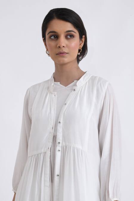Shop_JAYATI GOENKA_White Cotton Print Gathered Yoke Long Robe With Sleeveless Flared Top Set _Online_at_Aza_Fashions